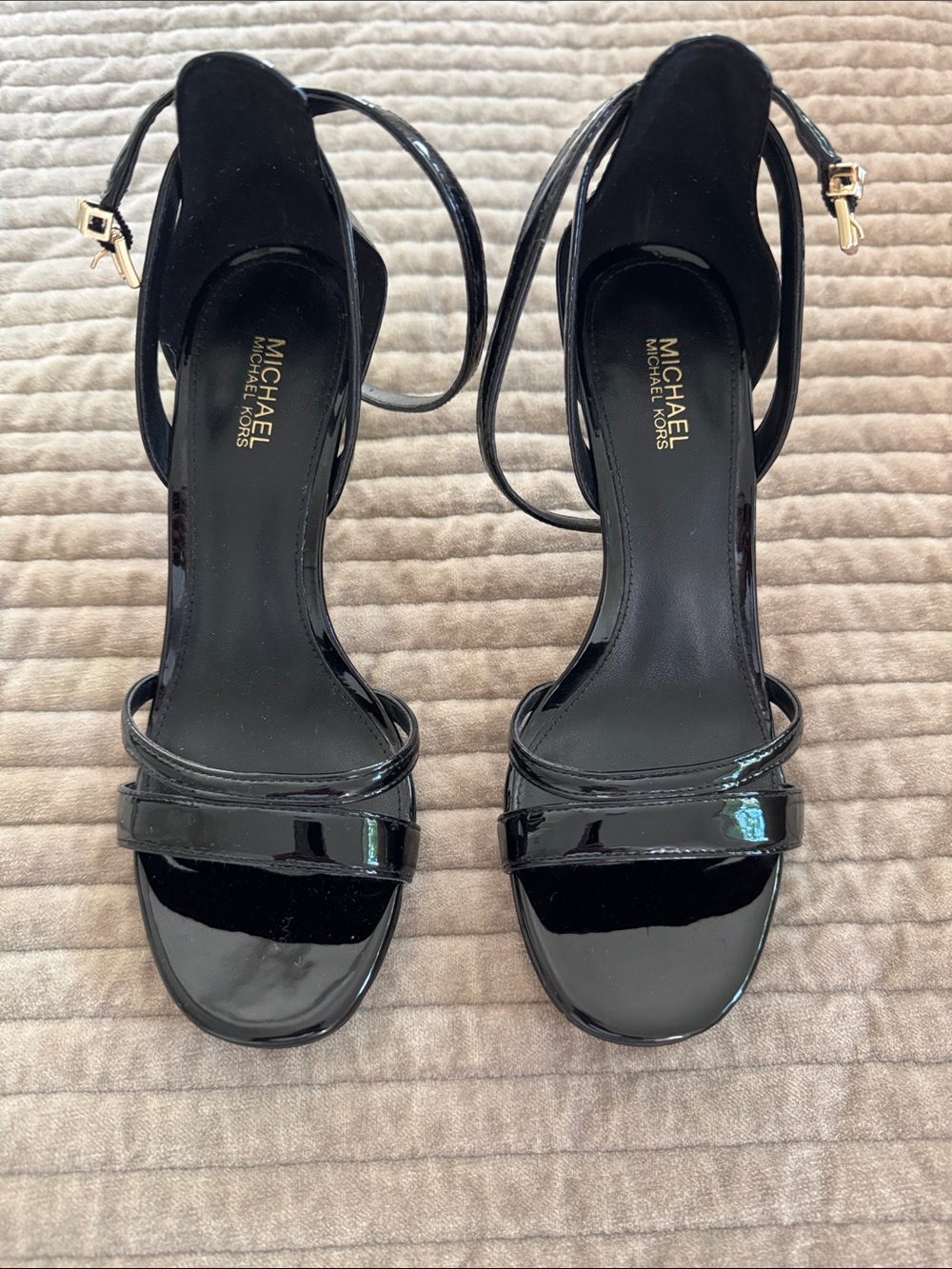 MICHAEL Michael Kors Black Patent Open-Toe Ankle-Strap Heels